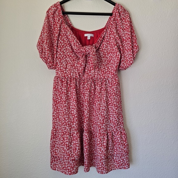 LC Lauren Conrad Dresses & Skirts - Lauren Conrad Women Sz S Peasant Mini Dress Ditsy Floral Tier Red Boho Tie Front